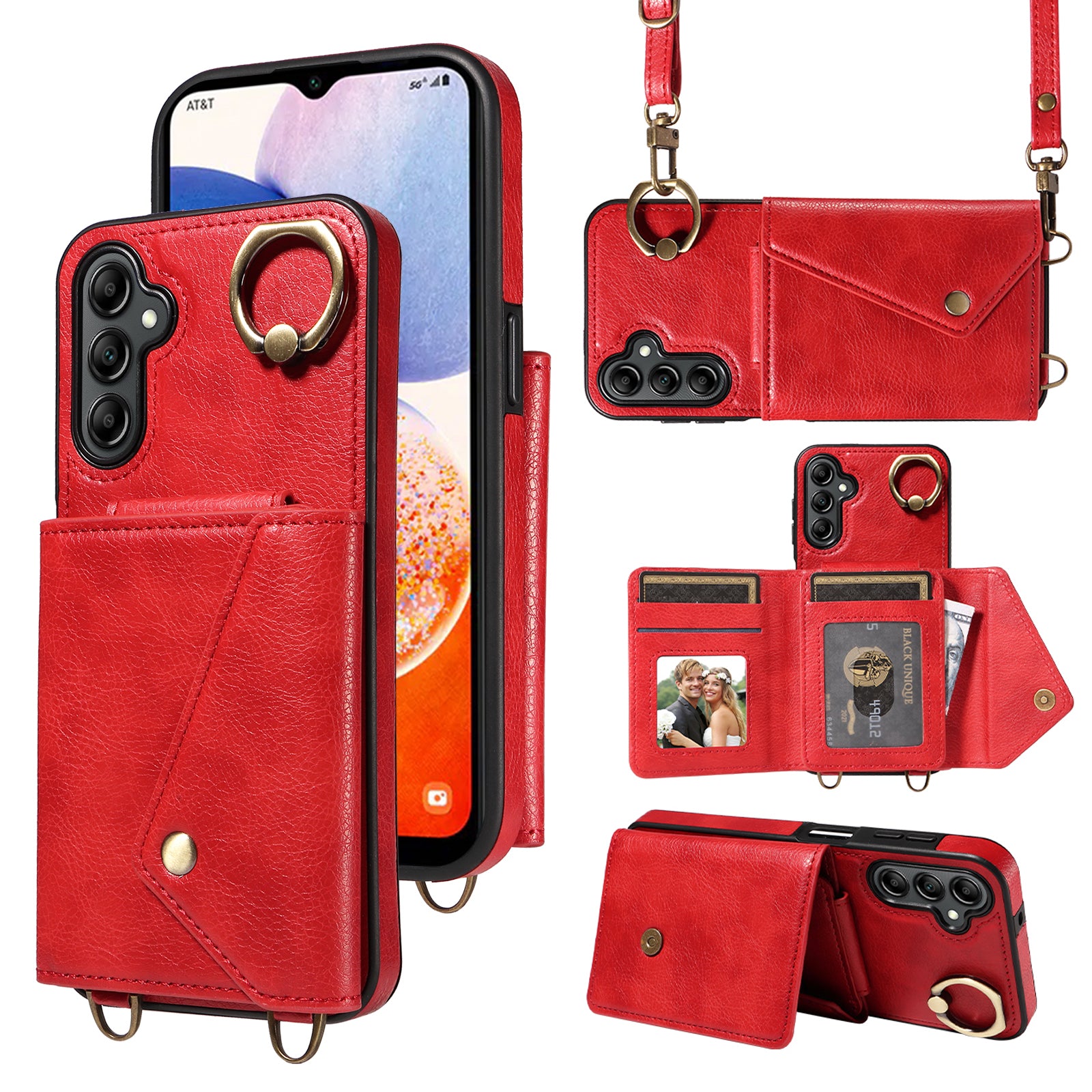 002 For Samsung Galaxy A14 4G 5G Card Bag Ring Kickstand Cover Litchi Texture Leather Coated TPU Phone Case with Shoulder Strap 002 For Samsung Galaxy A14 4G 5G Card Bag Ring Kickstand Cover Litchi Texture Leather Coated TPU Phone Case with Shoulder Strap